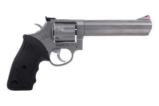 Taurus Model 66 357 Magnum 6" Revolver in Stainless has a black rubber grip